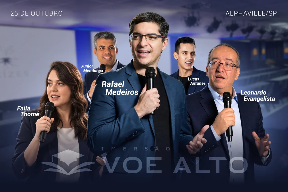 Os cinco palestrantes da Imersão Voe Alto: Faíla Thomé, Júnior Mendonça, Rafael Medeiros, Lucas Antunes e Leonardo Evangelista